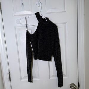 Black Glitter One-Shoulder Top